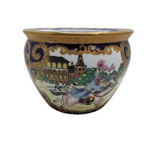 vintage chinese porcelain fish bowl with hunters and dogs design